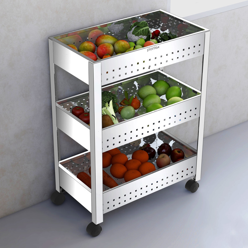 Plantex Stainless Steel 3-Tier Vegetable Basket for Kitchen/Onion Garlic Stand/Vegetable Storage Stand-Trolley for Kitchen(Square Profile-Silver) Stainless Steel Kitchen Trolley(Pre-assembled)