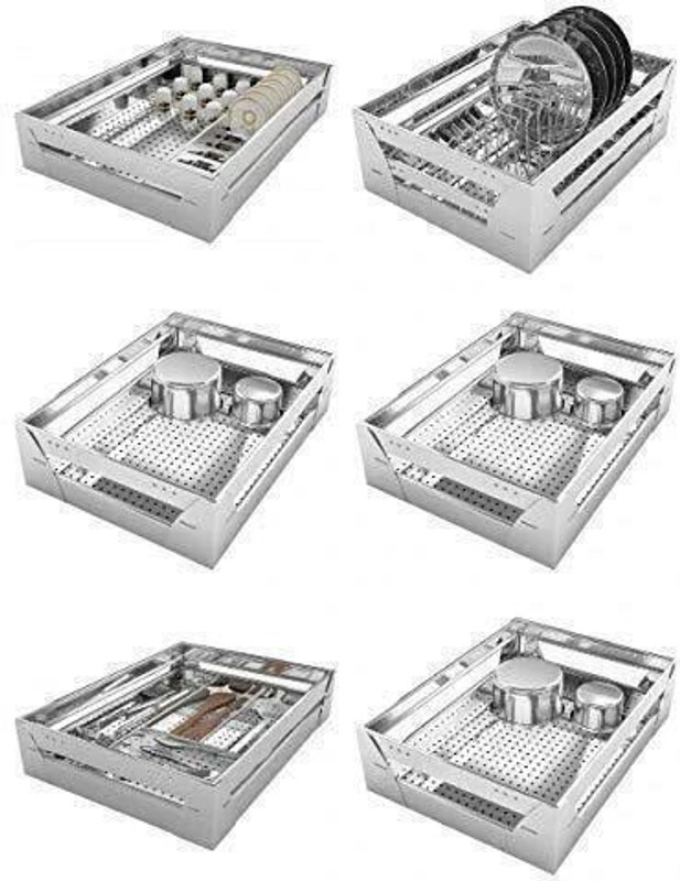 Sanjari Stainless Steel Organizer Basket | Kitchen Basket combo set (17 * 20, Set Of 6) Stainless Steel Kitchen Trolley(Pre-assembled)
