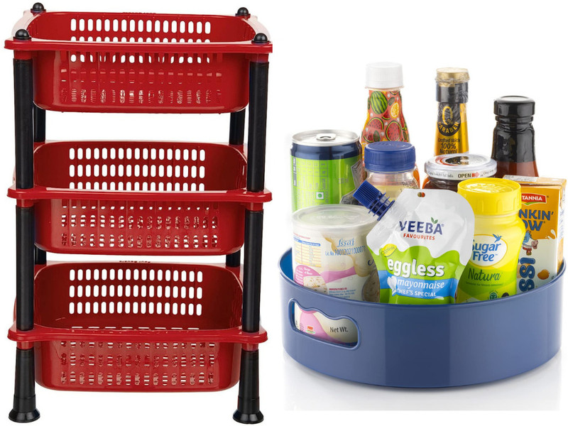 DM PLUS Combo Set 360° Rotating Tray & Big Basket Kitchen Rack Pack of 2 Plastic Kitchen Trolley(DIY(Do-It-Yourself))