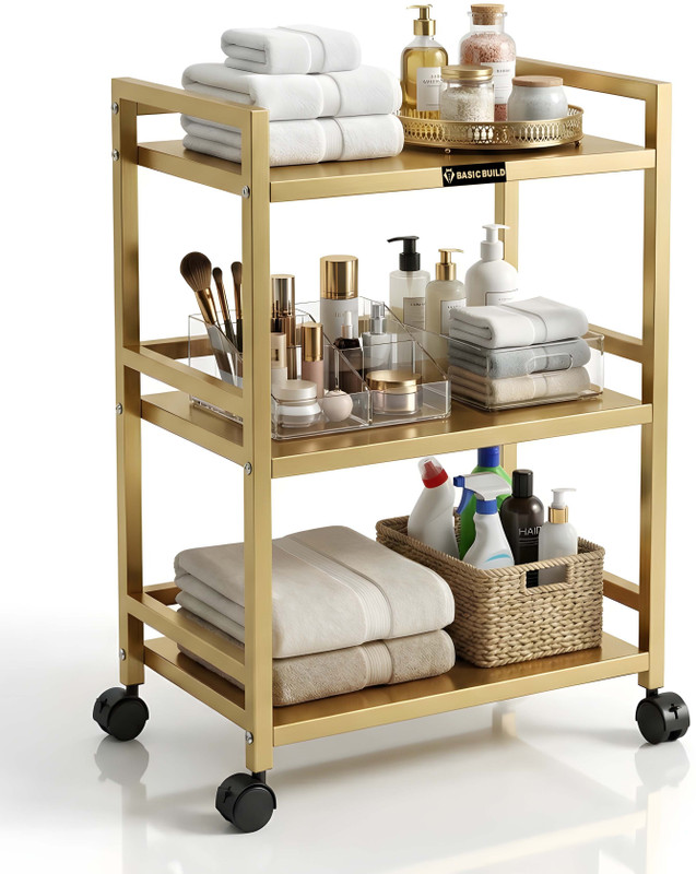 basic build Modern Gold Finish Utility Cart with Wheels | 3 Layer Metal Storage Organizer Iron Kitchen Trolley(DIY(Do-It-Yourself))