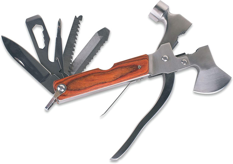 NSV Folding Push Button Lock Multi Tool For Hiking , Camping , Travelling Axe, Knife Sharpener, Multi Tool, Pocket Knife, Saw, Can Opener, Folding Saw, Hatchet(Silver)