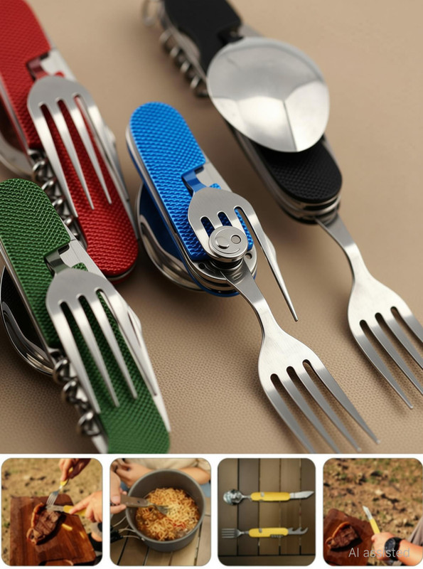 Toxen 4 in 1 Multi-Tool Camping Stainless Steel Folding Pocket Knife Fork Spoon Stainless Steel Dessert Spoon(Pack of 1)