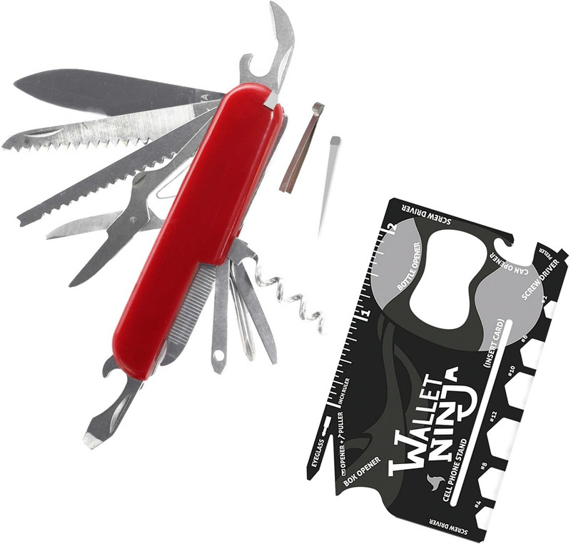 DSTECHBAR 14in1 Multifunction Tool with 18in1 Ninaj Card Tool Steel Survival (Combo) Can Opener, Multi Tool, Survival Knife(Red, Black)