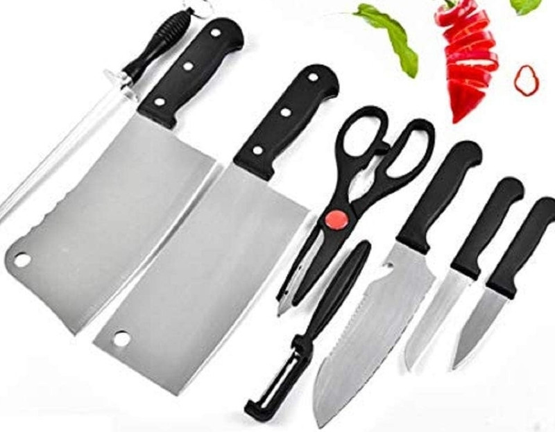 RV Enterprise 8 Pc Stainless Steel Knife Set SS Ultra Sharp Butcher, Meat, Pairing, Vegetable Knife Sharpener(Silver)