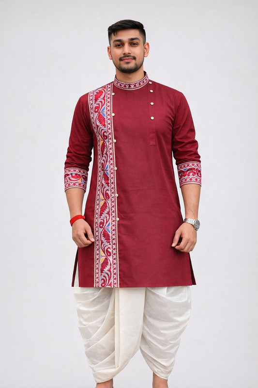 GOURI COLLECTIONS Men Printed Straight Kurta(Maroon)