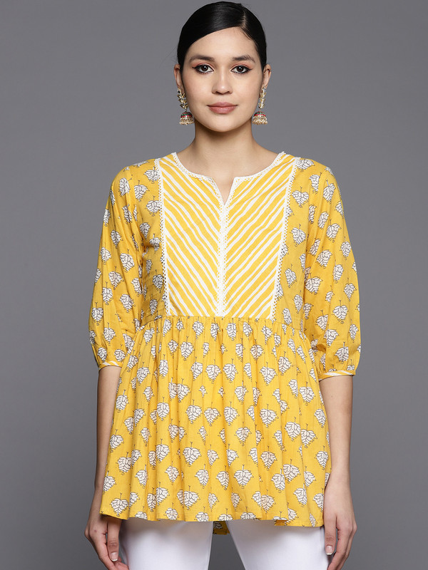 LIBAS Women Printed A-line Kurta(Yellow)