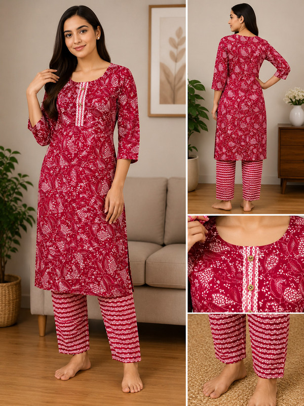 SHIFA TRADING Women Printed Straight Kurta(Red)
