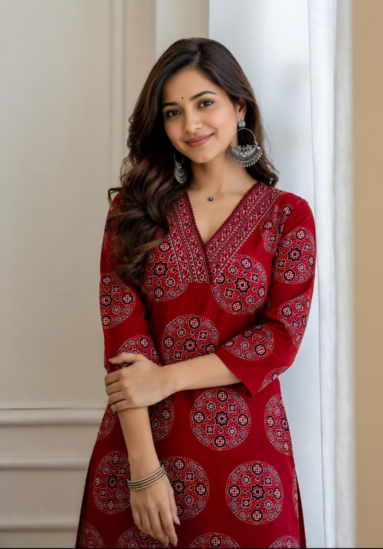 Hunaiza Women Printed Straight Kurta(Red)