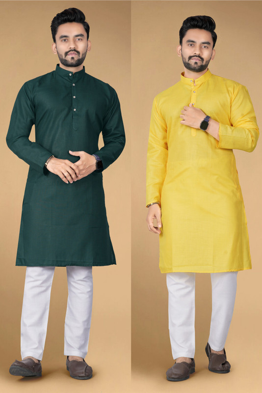 LYPLO Men Solid Straight Kurta(Green, Yellow)