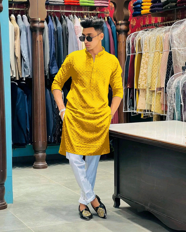 ORIFAB Men Embroidered Straight Kurta(Yellow)