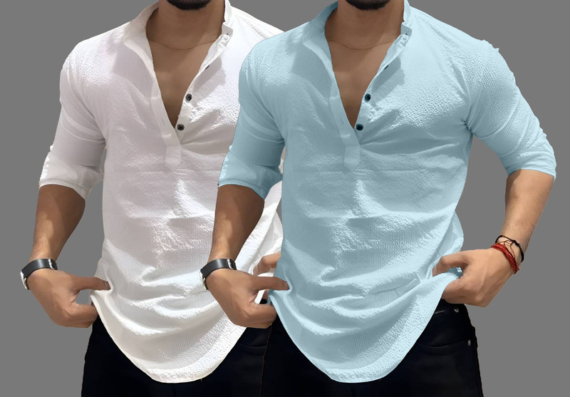 COMBRAIDED Men Solid Straight Kurta(White, Blue)