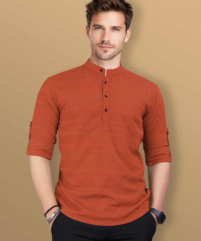 VeBNoR Men Self Design Straight Kurta(Orange)