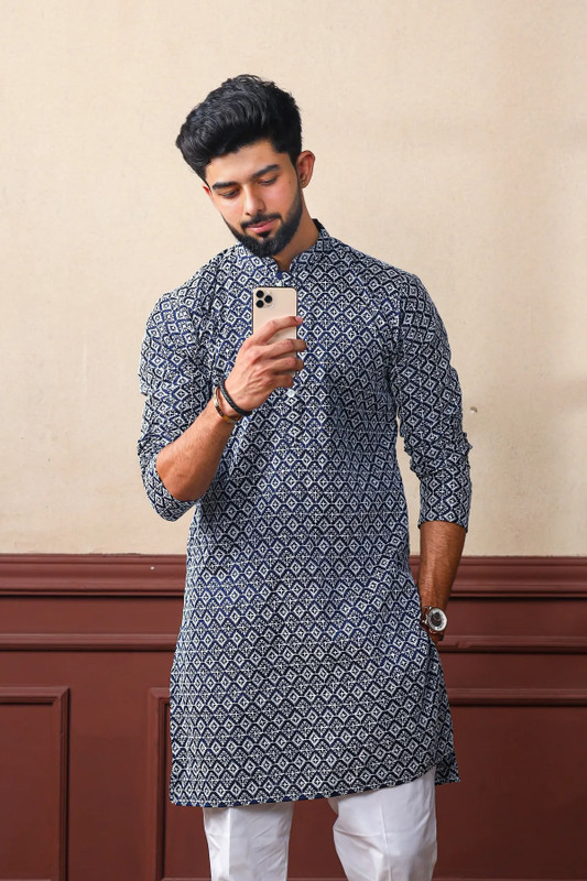 Blue Wish Men Chikan Embroidery Straight Kurta(Blue)