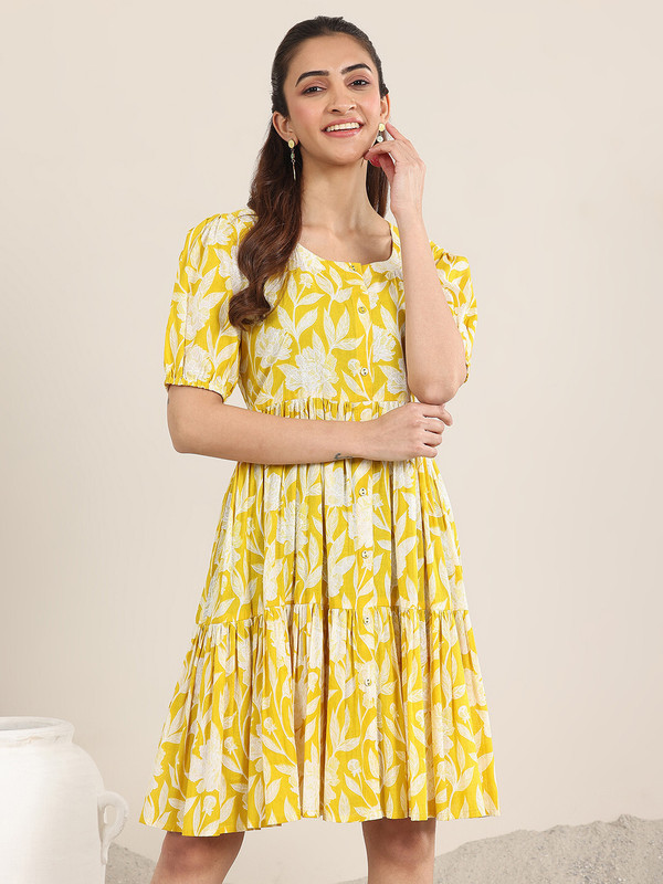LIBAS Women Printed A-line Kurta(Yellow)