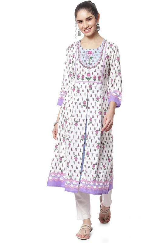 RANGRITI Women Printed Flared Kurta(White)