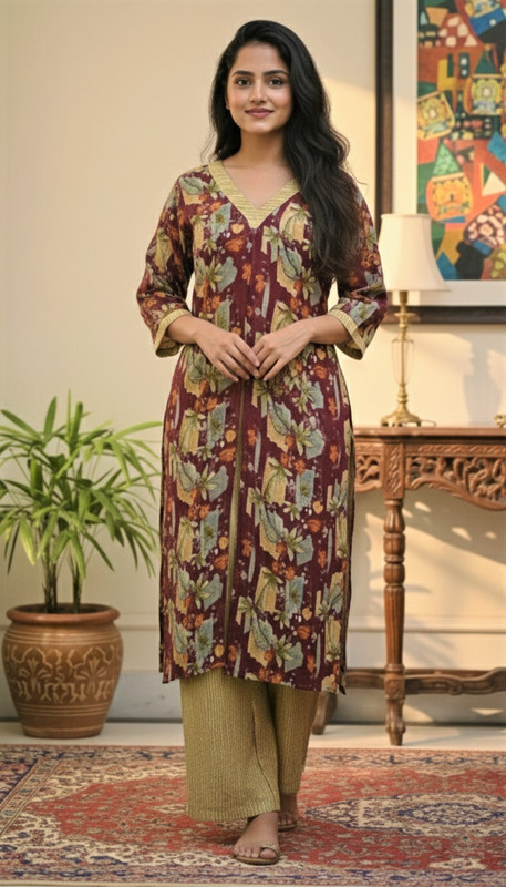 80's vibes Women Printed, Floral Print Straight Kurta(Maroon)