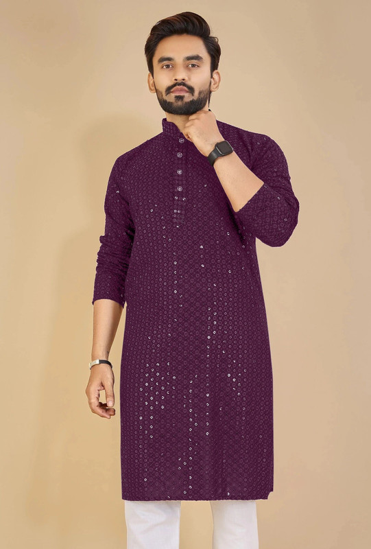 Progetto Men Embroidered Straight Kurta(Purple)
