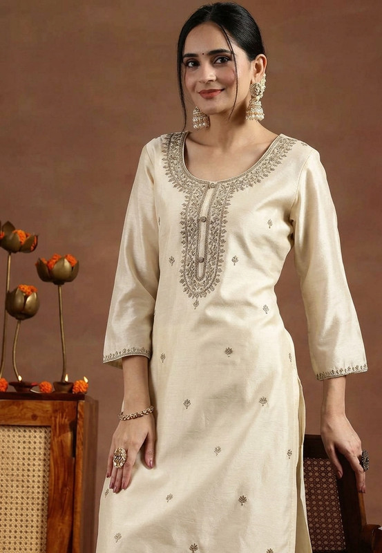 NARACHI TEXWORLD Women Embroidered Straight Kurta(Beige)