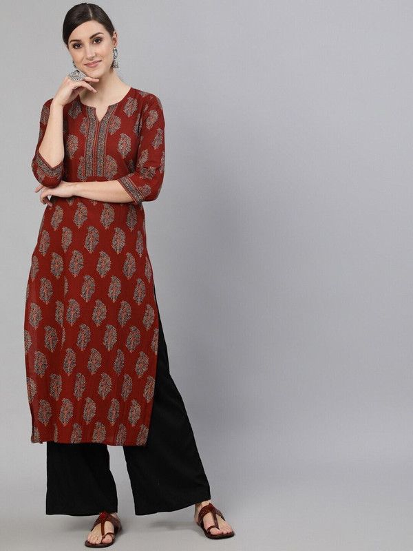 Fyunl Women Printed Straight Kurta(Red)