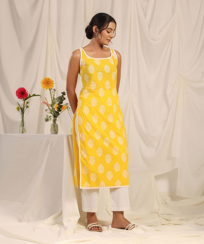 KHUHA Women Printed Straight Kurta(Yellow)