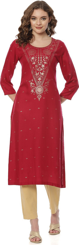 RANGRITI Women Printed Straight Kurta(Purple)