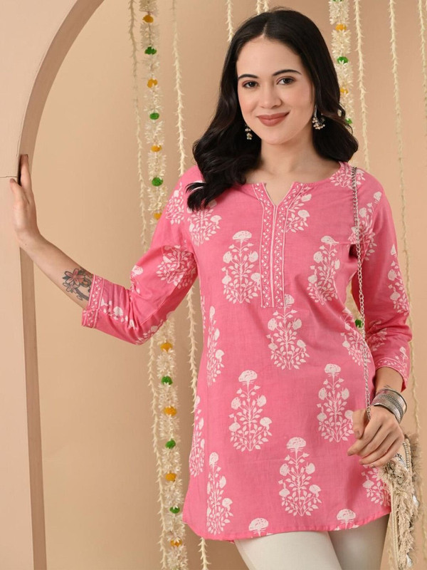 DORIYA Women Printed Straight Kurta(Pink)