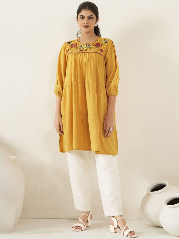 ANOUK Women Floral Print A-line Kurta(Yellow)