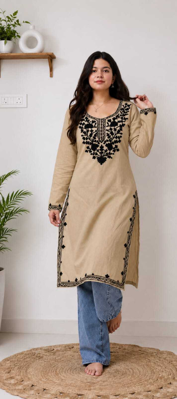 Fashion Sky Women Embroidered Straight Kurta(Beige)