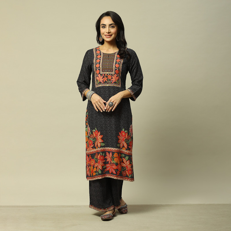 RANGRITI Women Printed Straight Kurta(Black)