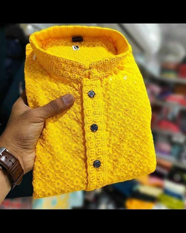Sumiere Men Chikan Embroidery Straight Kurta(Yellow)