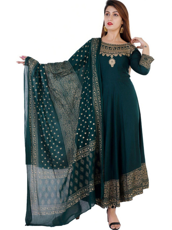 aerotick Women Printed Anarkali Kurta(Dark Green)