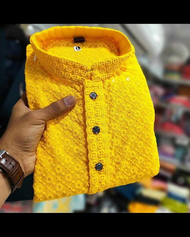 DIAMOND CLUSTER Men Embroidered Straight Kurta(Yellow)
