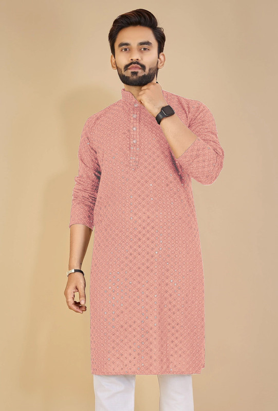 ORIFAB Men Embroidered Straight Kurta(Orange)