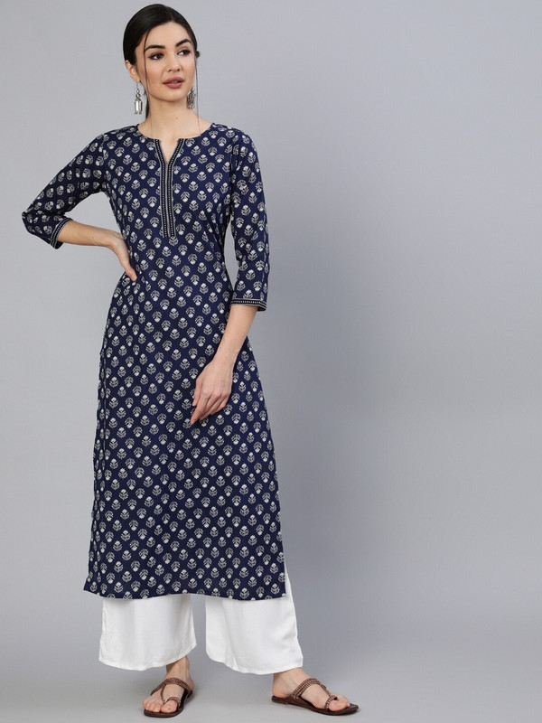 Fyunl Women Printed Straight Kurta(Dark Blue)