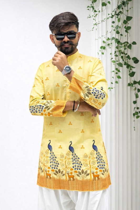 SANJU FASHION Men Printed Straight Kurta(Yellow)