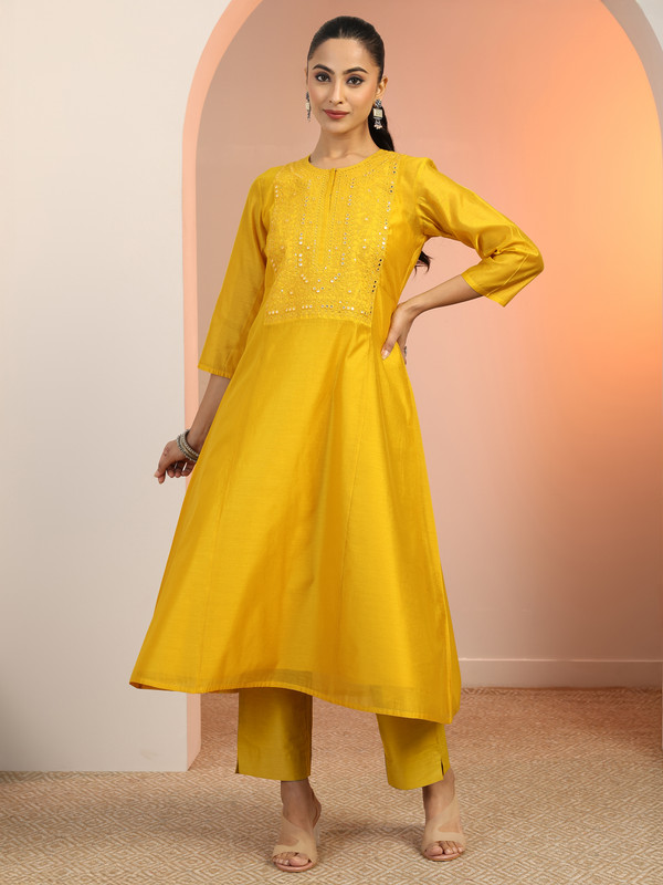 LIBAS Women Embroidered A-line Kurta(Yellow)