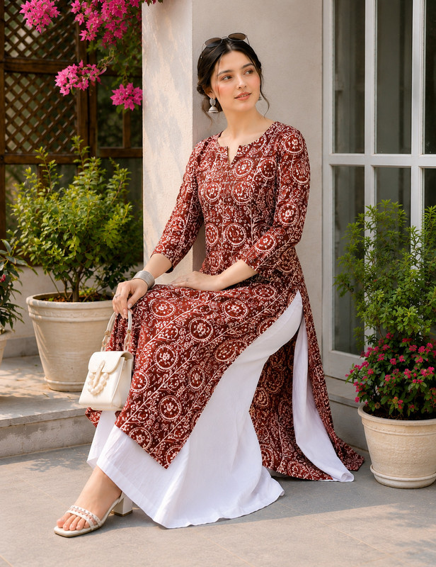 Lascaux Women Floral Print Straight Kurta(Maroon)