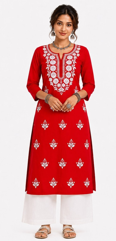 JKFashionsss Women Chikan Embroidery Straight Kurta(Red)
