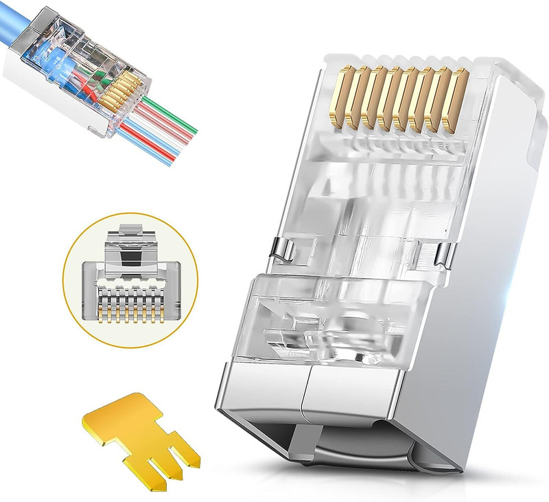 VOOCME RJ45 Cat6 Cat 6A Connectors - Pass Through Connector Gold Plated Wireless Ethernet Lan Adapter compatible with Windows, Mac(480 Mbps)