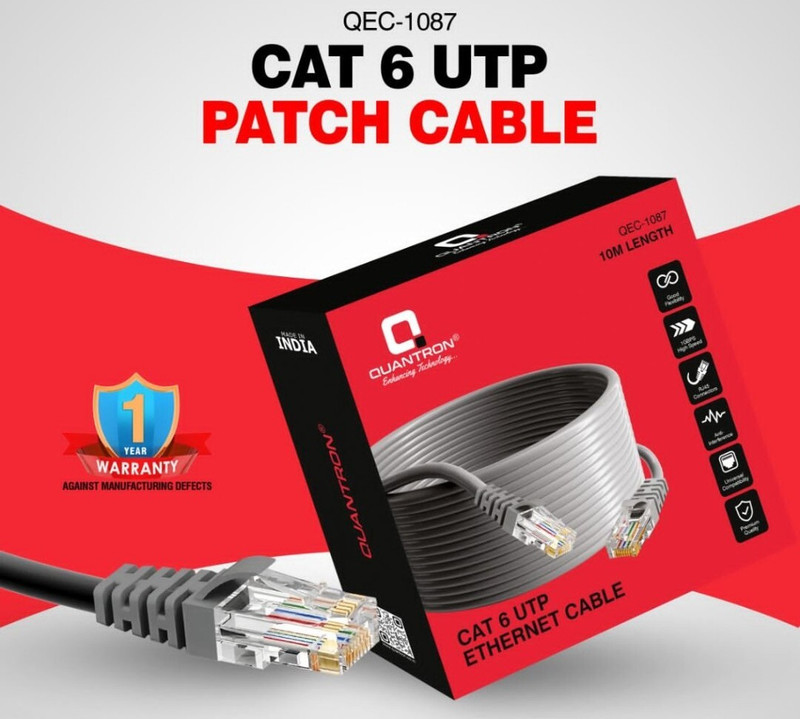 Quantron QEC 1087 - Cat6 Ethernet Cable 10 Meter/ 550 MHz Outdoor & Indoor, Wired Ethernet Lan Adapter compatible with Windows(100 Mbps)