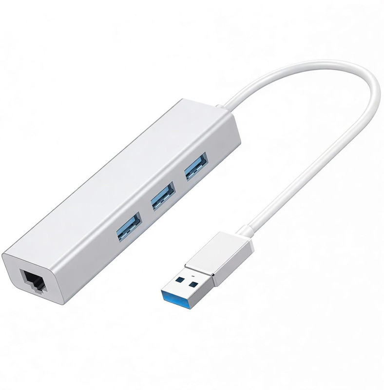 RuhZa USB 3.0 to RJ45 Ethernet LAN Adapter with 3 Port USB Hub - Silver Wired Ethernet Lan Adapter compatible with Linux, Mac, Windows(480 Mbps)