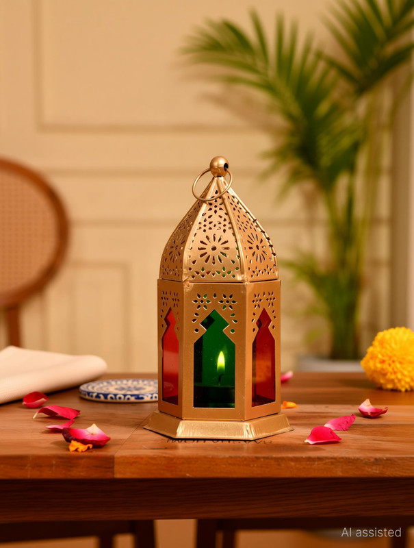 KhwajaDarbar Decorative Moroccan Style Dia Lamp Lantern | Multicolor Glass Tealight Holder Gold Brass, Glass Table Lantern(18 cm X 8 cm, Pack of 1)