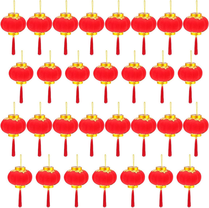 FosCadit 30pcs Small Flocking Red Lanterns DIY Mini Wedding Party Decor Red Cotton Hanging Lantern(10 cm X 8 cm, Pack of 30)