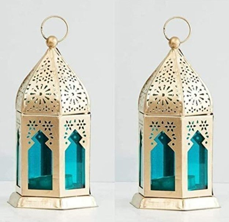 SK Crafts Gold with Red Glass, Moroccan Tealight Lantern Gold, Blue Iron Hanging Lantern(17 cm X 9 cm, Pack of 2)