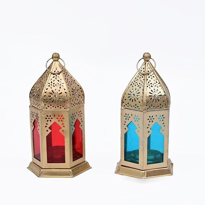 Expert Gifting Red, Blue Metal Hanging Lantern(8 cm X 12 cm, Pack of 2)