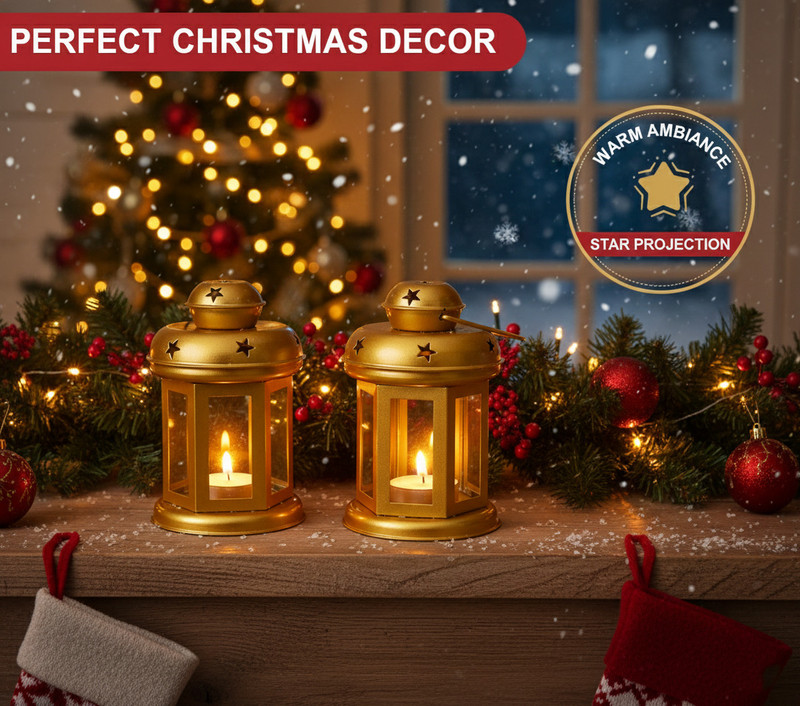 SZK Christmas Star Cut Candle Lantern Gold Gold Plated Hanging Lantern(15 cm X 10 cm, Pack of 2)
