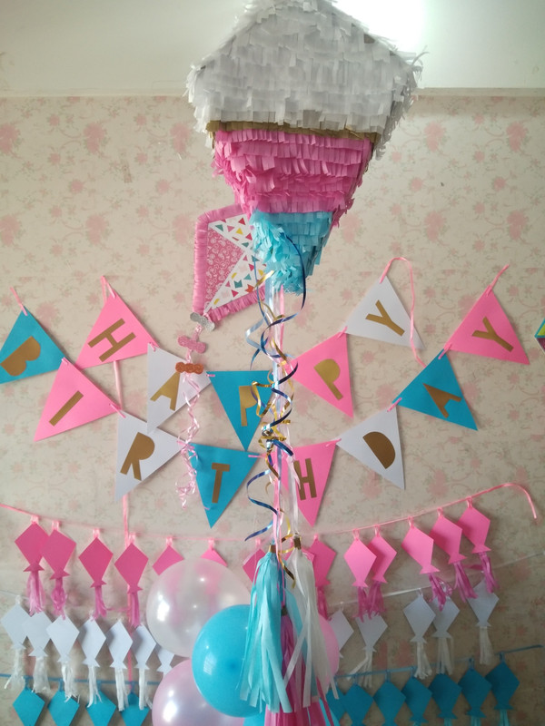 Decocrafts Kite shape piñata (pull string) for a kite with bday banner and kite garlands. Pink Paper Hanging Lantern(25.4 cm X 15 cm, Pack of 1)