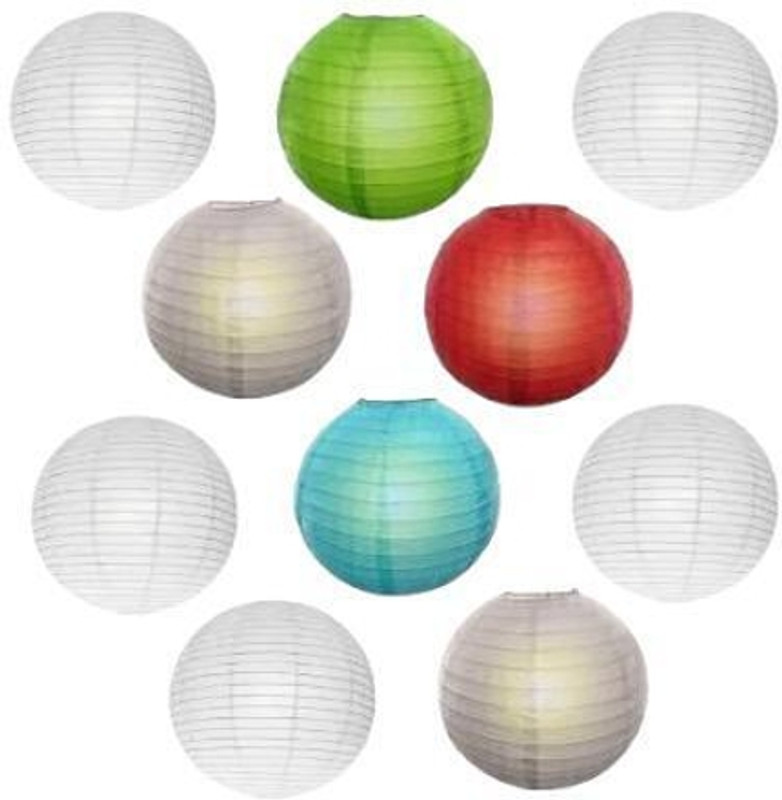 Rangwell Rice Paper Hanging Lantern Ball5 white & 5multicolor_L7 Multicolor Paper Hanging Lantern(30.48 cm X 30.48 cm, Pack of 10)