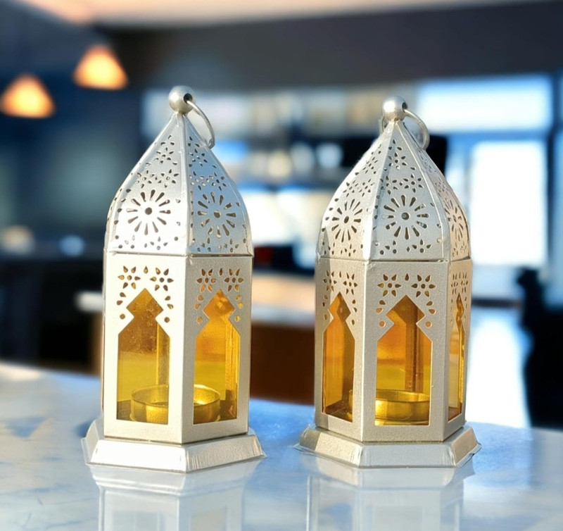 Matallic masterpieces Set of 2 Decorative Lanterns | Gold and yellow glass for home decor Yellow Iron Hanging Lantern(17 cm X 8.5 cm, Pack of 2)