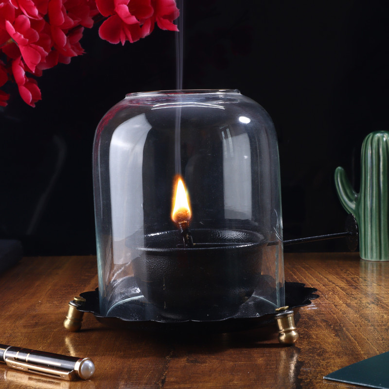 INTERNATIONAL GIFT Blac Akhand Diya with Metal Base & Acrylic Frame – Oil Lamp for Pooja & Rituals Black Metal Table Lantern(13.97 cm X 13.97 cm, Pack of 1)